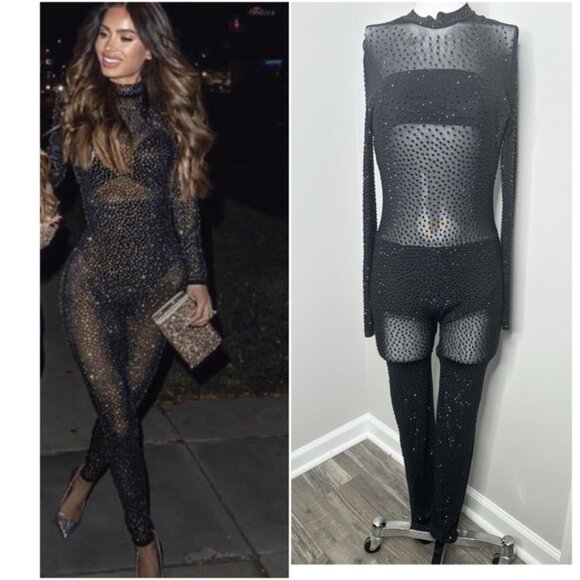 BANJUL BLACK SEE THROUGH RHINESTONE JUMPSUIT- PRELOVED- MEDIUM - Picture 1 of 6